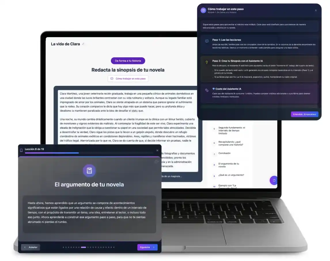 Interfaz de Scribook mostrando las instrucciones y lecciones de un módulo para crear una novela paso a paso