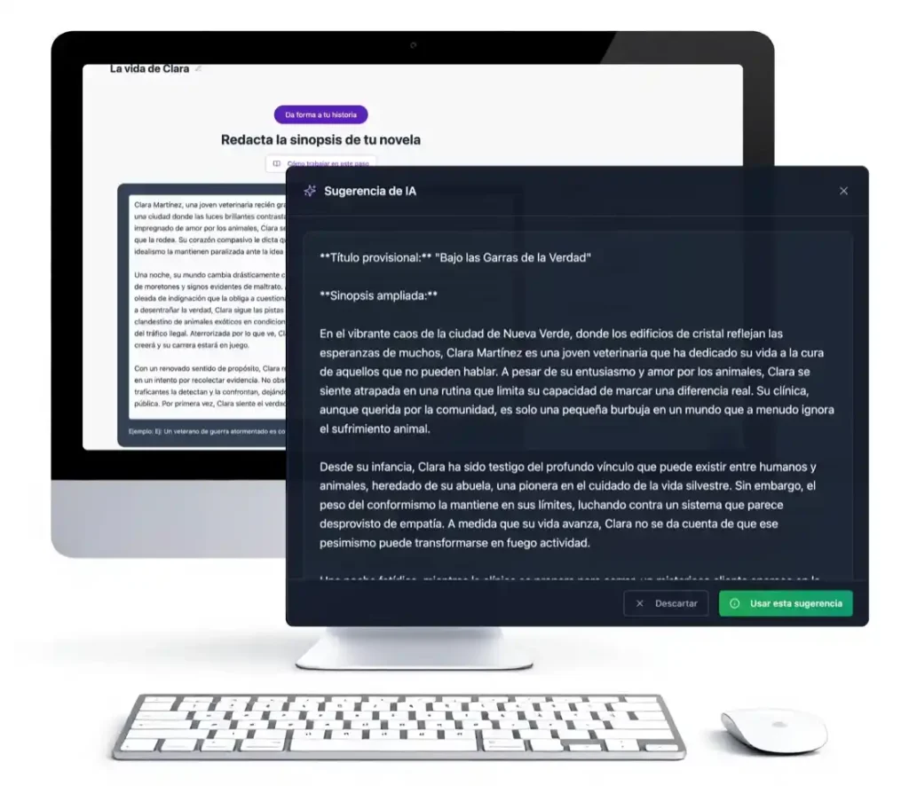 La IA de Scribook generando automáticamente una sinopsis personalizada basada en la novela del usuario