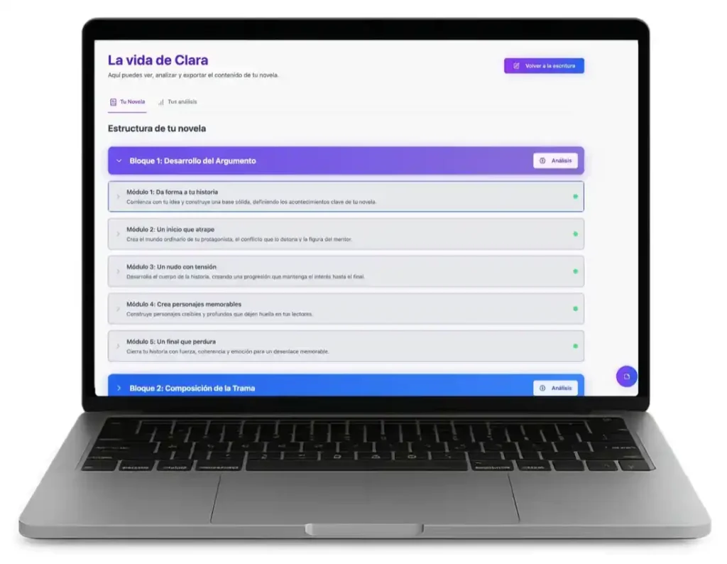 Interfaz de Scribook mostrando cómo se organiza la novela del autor para facilitar la planificación y escritura
